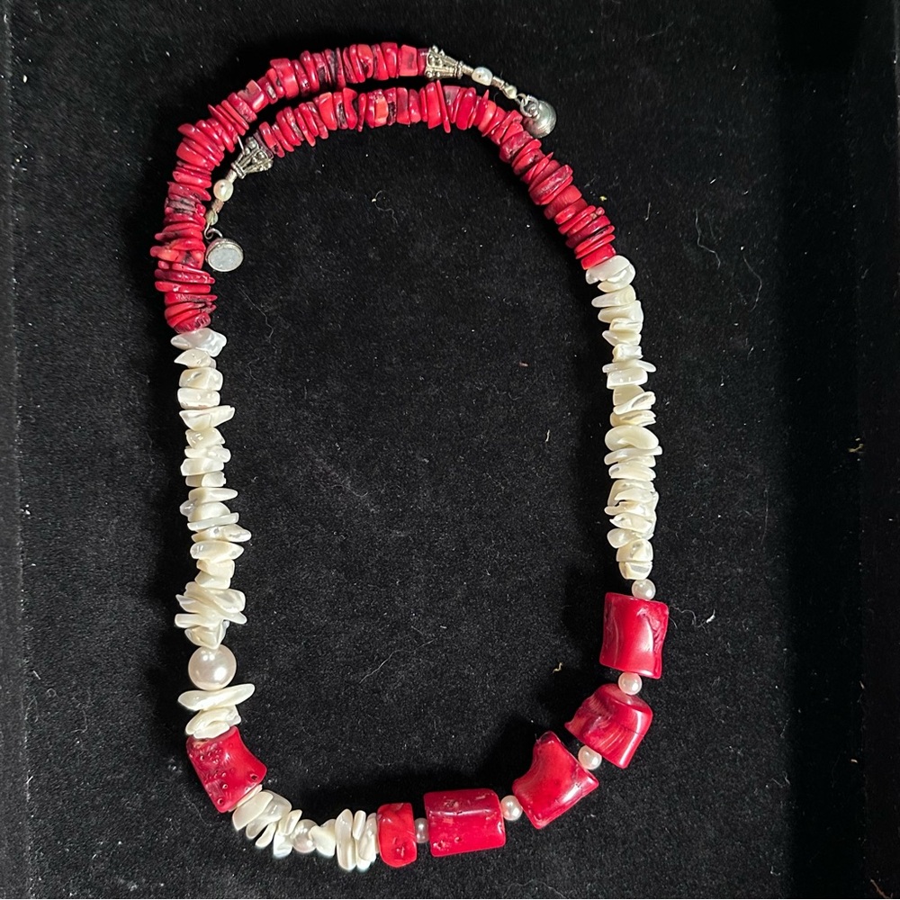 Chucky Statement Necklace 26” Long Red Coral Shells Pearls Magnetic Clasp - Picture 3 of 15